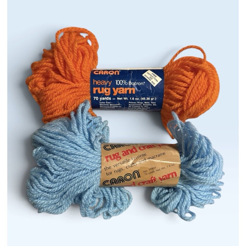 Vintage Caron Rug Craft Yarn Lot Of 2 - Orange / Sky Blue Dacron 70 Yds Each NOS